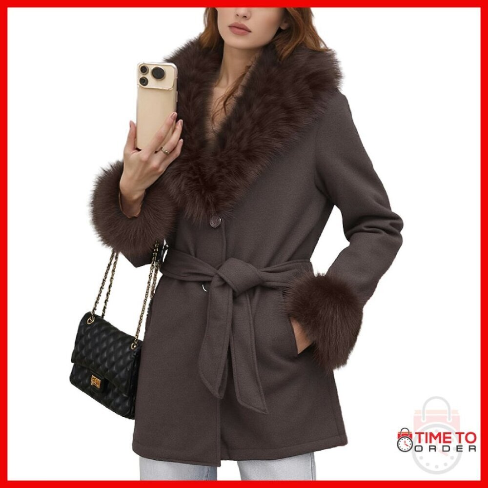 Faux Fur Lined Trench Coat Winter Pea Coat Belted Jacket Fleece Lined